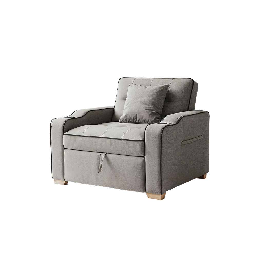Sofa cama de una plaza tela gris con borde negro portavasos y bolsillos laterales - Imagen 2