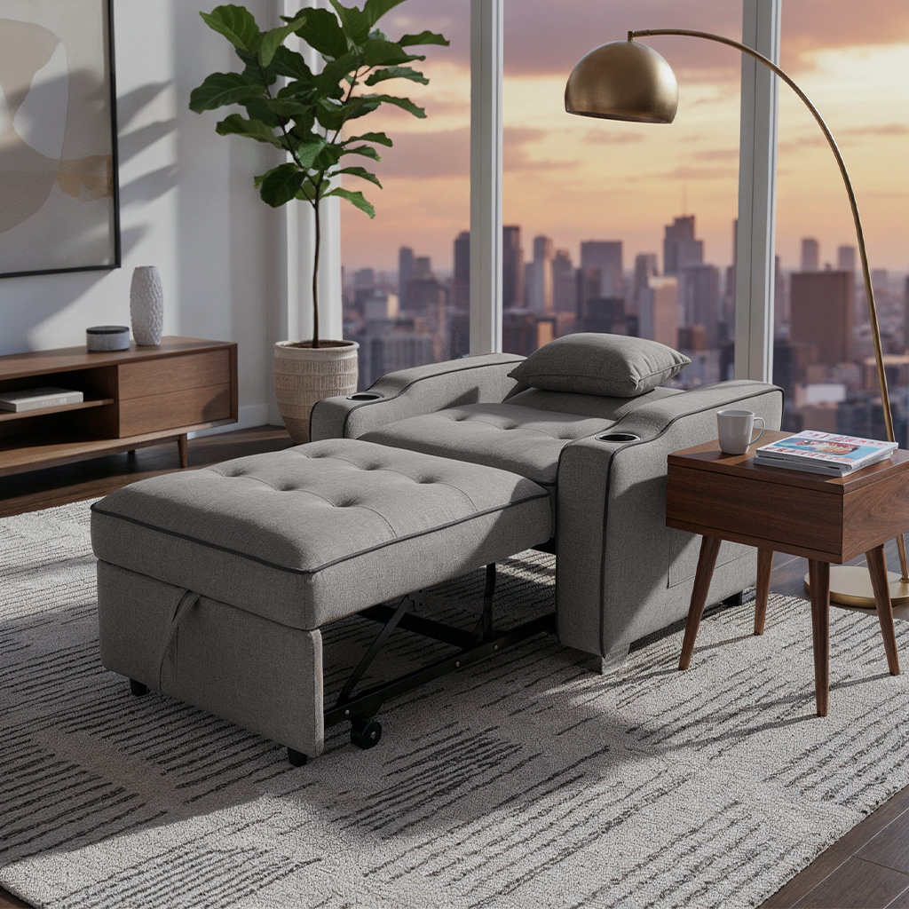Sofa cama de una plaza tela gris con borde negro portavasos y bolsillos laterales - Imagen 3