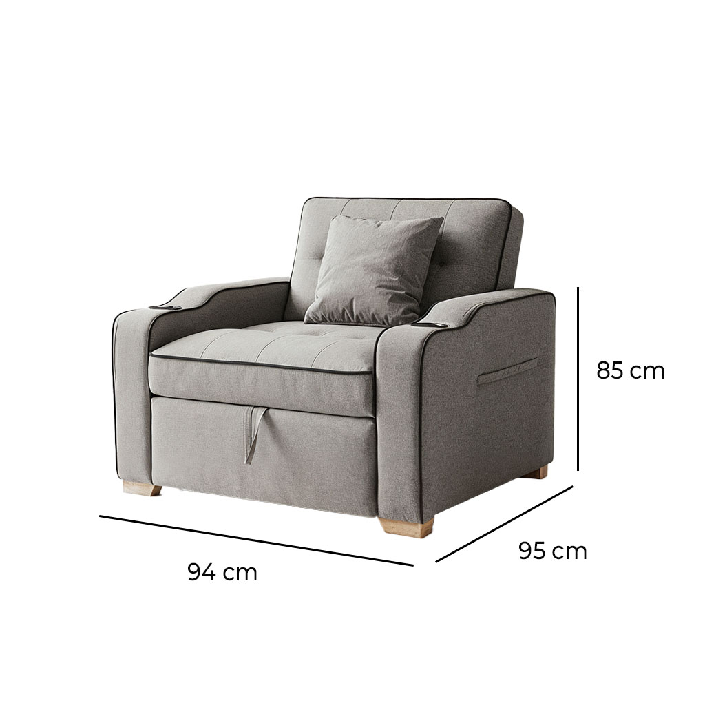 Sofa cama de una plaza tela gris con borde negro portavasos y bolsillos laterales - Imagen 4