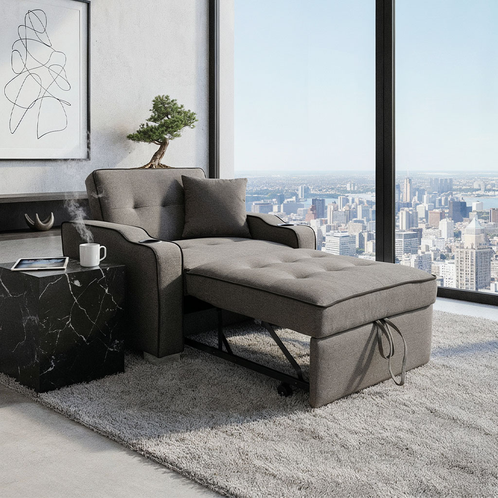Sofa cama de una plaza tela gris con borde negro portavasos y bolsillos laterales