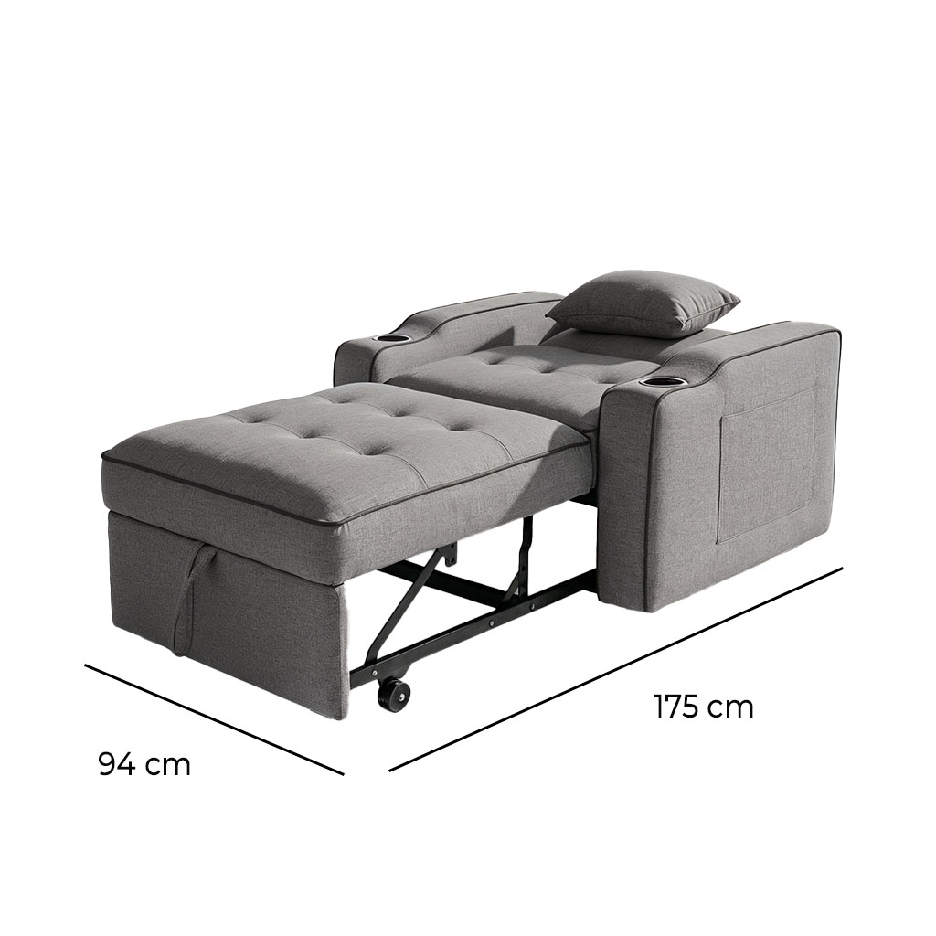 Sofa cama de una plaza tela gris con borde negro portavasos y bolsillos laterales - Imagen 5